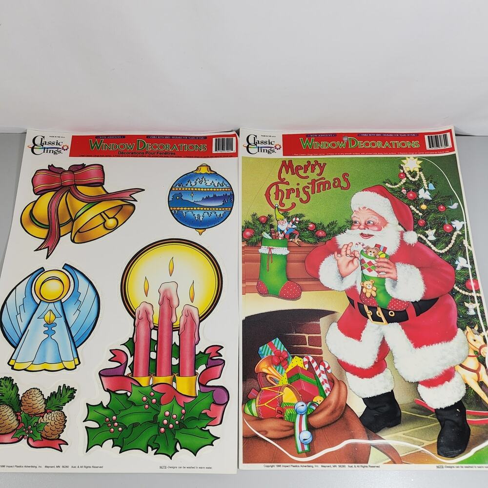 Classic Clings Vintage Christmas Window Clings x2 Santa 1995 Bells-Candles 1996